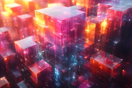 Abstract representation of a futuristic cityscape featuring neon-colored geometric structures resembling digital buildings. the vibrant light reflections and intricate patterns create a sense of advanced technology and innovation. Generative AIの素材