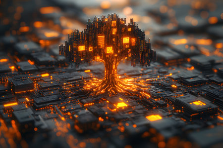 A digital tree composed of glowing circuitry elements set against a cyber landscape. this image represents the fusion of nature and technology, innovation and connectivity in a modern, futuristic setting. Generative AIの素材