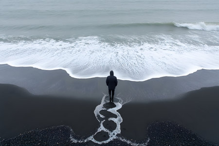 A solitary figure stands on a serene, black sand beach, observing the gentle waves of a vast ocean under an overcast sky. the stark contrast between the dark sand and white foam evokes a sense of peace and introspection. Generative AIの素材