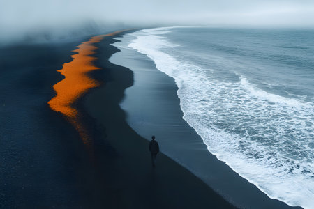 A lone figure walks along a misty black sand beach at dawn, creating a striking contrast with the fiery orange reflection of the sky on the wet sand. the tranquil waves softly lap at the shoreline, enhancing the serene atmosphere. Generative AIの素材