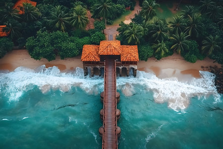 A scenic aerial view of a tropical pier extending into the turquoise ocean. surrounding lush palm trees and gentle waves enhance the idyllic summer beach setting, perfect for travel and relaxation themes. Generative AIの素材