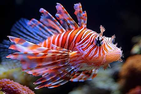 Striped lionfish glides gracefully through a colorful coral reef, showcasing its striking patterns and fins. the deep hues and textures emphasize the beauty and diversity of marine life, the critical need for ocean conservation. Generative AIの素材
