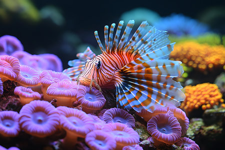 Vibrant lionfish gliding among colorful coral formations, showcasing the lively biodiversity of underwater marine life. the vivid hues and intricate patterns highlight the beauty of ocean ecosystems. Generative AIの素材