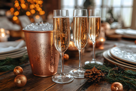 Sparkling wine flutes are elegantly arranged alongside a copper ice bucket on a wooden table adorned with pine cones and baubles. soft, warm lighting and bokeh in the background enhance the festive ambiance. Generative AIの素材