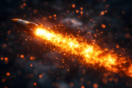 A futuristic rocket blazes through space, emitting intense fiery thrust against a dark cosmic backdrop. the dynamic propulsion and vivid fire trail create a sense of speed and advanced technology in exploration. Generative AIの素材