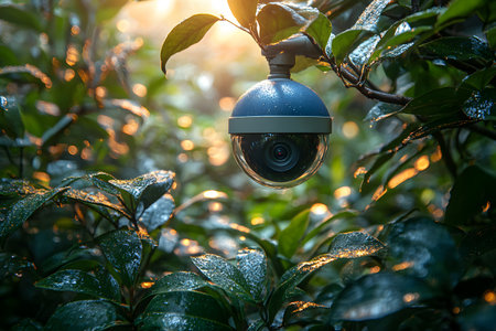 A surveillance camera blends into a lush, sunlit forest environment, themes of security and privacy. morning dew on leaves and warm sunlight create an intriguing contrast between technology and nature. Generative AIの素材