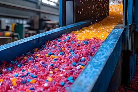 Vibrant candy pieces in pink, yellow, and blue move along a conveyor belt in a candy factory. the industrial setting highlights the process of candy manufacturing, emphasizing movement and rich color in a dynamic environment. Generative AIの素材