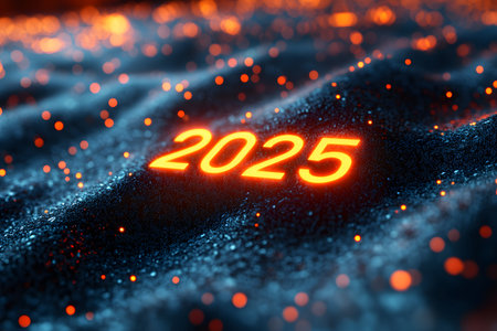 Conceptual image featuring the year 2025 in bright, glowing numbers set against a backdrop of ambient lights and bokeh effects. ideal for new year celebrations, futuristic designs, and digital displays. Generative AIの素材