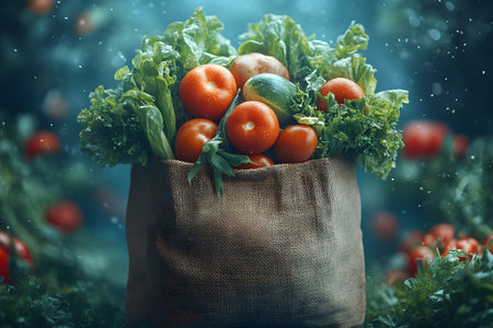 A jute bag overflowing with fresh vegetables like tomatoes, lettuce, and cucumbers essence of farm-to-table living. set against a lush green background, it embodies natural abundance and sustainable agriculture. Generative AIの素材