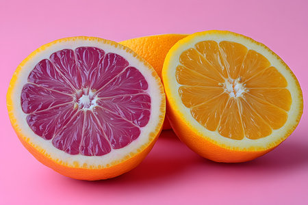 Two colorful citrus halves, one orange and one pink, displayed on a soft pink background. highlighting fresh produce, vibrant colors, and healthy lifestyle themes, perfect for culinary or wellness designs. Generative AIの素材