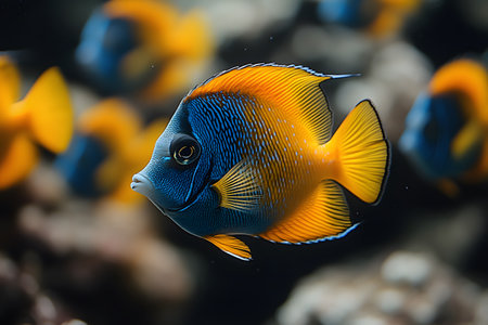 A vibrant queen angelfish glides through a lively coral reef, showcasing its striking blue and yellow hues. the intricate patterns and vivid colors contribute to the dynamic underwater ecosystem, the beauty of marine biodiversity. Generative AIの素材