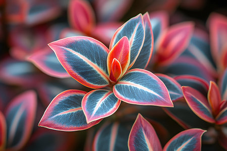 Close-up of an exotic tropical plant showcasing vibrant, colorful leaves with intricate patterns. the lush foliage highlights nature's beauty and diversity, ideal for botanical studies or decorative use in design projects. Generative AIの素材