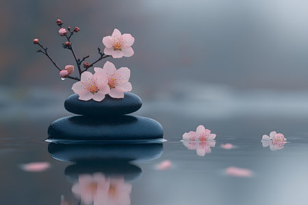 Cherry blossoms delicately perched on a stack of smooth stones, creating a serene and tranquil scene. the calming presence of water and blossoms evokes relaxation and mindfulness, suitable for wellness and spa concepts. Generative AIの素材