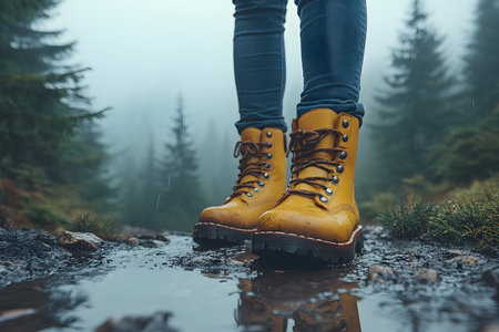 Yellow hiking boots stand out against a wet, muddy forest trail. dense greenery and fog create a mysterious atmosphere, themes of adventure, nature exploration, and outdoor trekking. Generative AIの素材