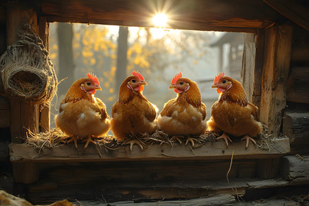 Four chickens sit comfortably in a rustic barn window, illuminated by soft sunlight filtering through autumn foliage. their vibrant feathers contrast with the earthy textures of straw and weathered wood, evoking a serene rural atmosphere. Generative AIの素材