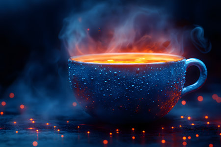 A steaming hot drink in a textured blue cup glows warmly against a dark backdrop, emitting misty vapors. textured lighting enhances the cozy ambiance, ideal for winter-themed designs or relaxation concepts. Generative AIの素材