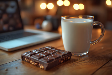 Warm ambiance featuring a glass mug filled with hot chocolate on a wooden table. a chocolate bar sits beside it, with soft, blurred lights and a laptop in the background, creating a cozy and inviting atmosphere. Generative AIの素材