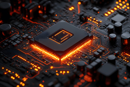 A detailed close-up of a circuit board featuring a central microchip illuminated with a vibrant orange glow. the intricate network of electronic components and pathways highlights cutting-edge technology and innovation in electronics. Generative AIの素材