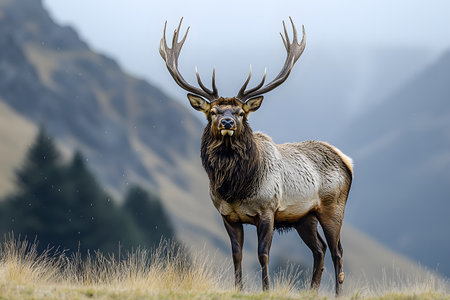 A regal elk stands prominently in a breathtaking mountainous landscape. the blurred, misty mountains serve as a serene backdrop, the elk's impressive antlers and muscular build. perfect for nature enthusiasts and wildlife photography. Generative AIの素材