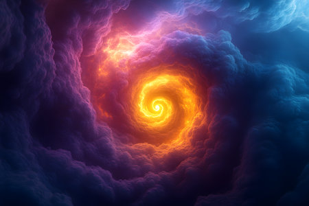 A vivid depiction of a fiery spiral nebula set against a backdrop of deep blue clouds, showcasing swirling patterns in space. the image highlights the dynamic interplay of light and color, perfect for sci-fi themes or fantasy projects. Generative AIの素材