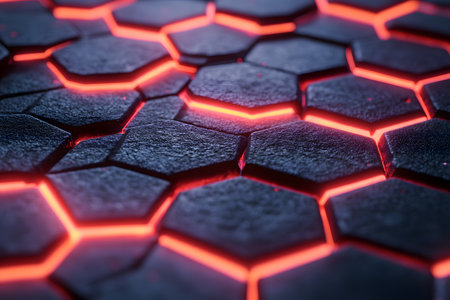 A close-up view of a textured hexagonal pattern with vibrant red highlights, creating a futuristic and dynamic visual effect. ideal for backgrounds in technology or digital-themed designs. Generative AIの素材
