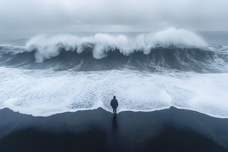 A lone figure stands on a dark beach, gazing at a towering wave under a gray, overcast sky. the dramatic scene essence of solitude and nature's power, evoking feelings of awe and introspection. Generative AIの素材
