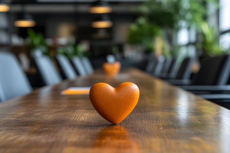 A heart-shaped orange object sits prominently on a wooden conference table in a stylish, modern office. the room features soft lighting, sleek chairs, and green potted plants, creating a warm and professional ambiance. Generative AIの素材