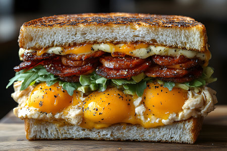 A mouth-watering gourmet sandwich featuring crispy bacon, runny eggs, fresh greens, and creamy sauce layered between golden grilled bread slices. perfect for gourmet brunch enthusiasts and food photography showcasing savory meal ideas. Generative AIの素材
