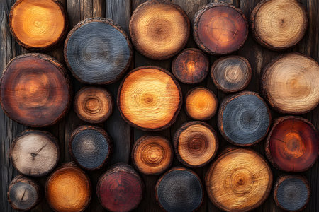 Rustic tree cross-sections in varied colors form a captivating pattern, showcasing detailed wood grain and vibrant rings. ideal for natural designs, backgrounds, or textures organic beauty and timber craftsmanship. Generative AIの素材