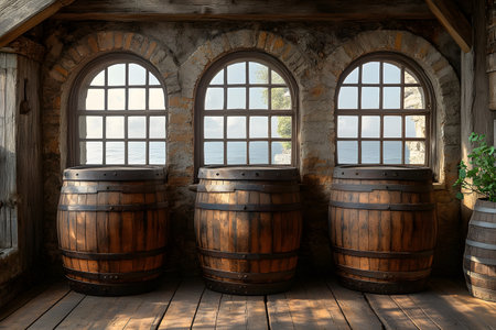 Three large wooden barrels rest against a stone wall with arched windows, bathed in warm sunlight. the windows overlook a serene seaside landscape, adding a touch of tranquility to the rustic interior. the setting evokes a sense of history and craftsmanship. Generative AIの素材