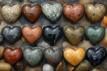 Various heart-shaped stones in a tranquil water setting, showcasing a range of earthy colors and textures. ideal for romantic and natural themes, suitable for design projects involving love, nature, or tranquility. Generative AIの素材