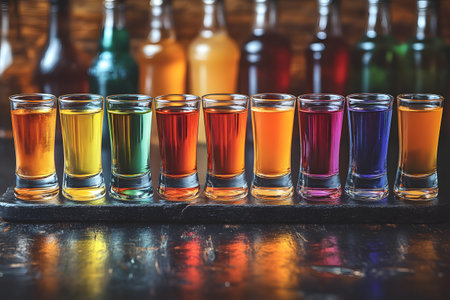 Colorful shot glasses filled with vibrant, layered liquids in a rainbow arrangement stand out against a backdrop of blurred bottles. the image showcases a lively and dynamic composition suitable for beverage-related content. Generative AIの素材