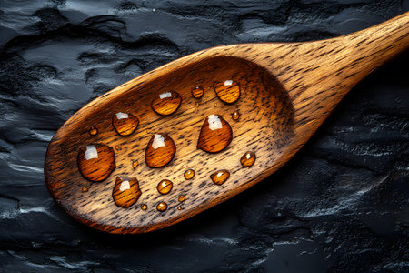 A beautifully crafted wooden spoon elegantly showcases water droplets against a textured slate background. the rich wood grain contrasts with the dark stone, creating an inviting and rustic kitchen aesthetic. Generative AIの素材