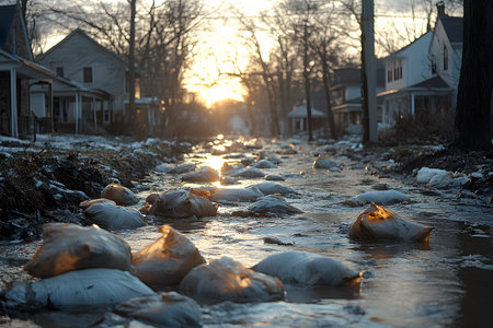 A suburban street overflows with water as sandbags attempt to control the flooding. the sunlight reflects off the water, casting a warm glow across the winter landscape, creating a dramatic and serene scene, despite the evident challenges. Generative AIの素材