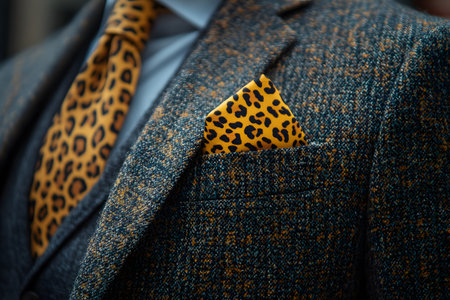 A close-up of a tweed jacket paired with a striking leopard print tie and pocket square, exemplifying a blend of classic men's fashion with bold modern accessories. perfect for style inspiration and fashion design concepts. Generative AIの素材