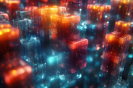 A mesmerizing digital abstract featuring vibrant geometric blocks, glowing with dynamic colors of orange and blue. the composition suggests a futuristic cityscape or data network, ideal for tech-themed designs and creative projects. Generative AIの素材