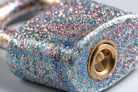 A close-up of a padlock adorned in shimmering glitter with shades of blue, pink, and silver against a neutral background. ideal for concepts in security, fashion, and design, emphasizing uniqueness and style. Generative AIの素材