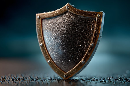 A metallic shield with water droplets sits against a blurred background, symbolizing strength, protection, and resilience. the droplets add texture and depth, enhancing the theme of steadfast security. Generative AIの素材