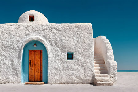 Traditional greek architecture featuring a whitewashed building with a domed roof and wooden door under a clear blue sky. the scene includes outdoor stone steps and reflects the iconic style of santorini structures. Generative AIの素材
