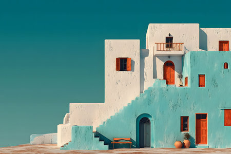 White and blue coastal homes showcase mediterranean architecture against a clear azure sky. the vibrant colors, clean lines, and sunny terrace create a tranquil summer feel, ideal for travel and architectural inspirations. Generative AIの素材