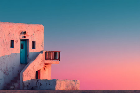 Sunlit mediterranean architecture against a vibrant sunset sky combines white-washed walls and a contrasting blue door, evoking tranquility and wanderlust. perfect for travel-themed projects and artistic inspiration. Generative AIの素材