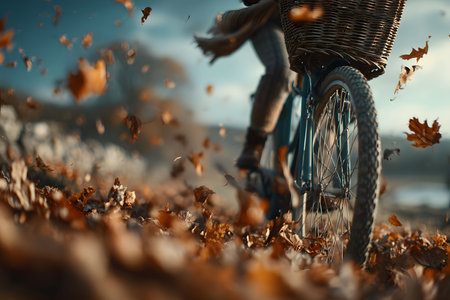 A dynamic scene of a person riding a blue bicycle through a flurry of falling autumn leaves. the blurred background enhances the sense of motion, capturing the essence of a fresh, breezy fall day. Generative AIの素材