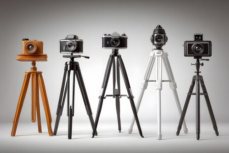 A collection of vintage and modern cameras beautifully arranged on tripods against a neutral backdrop. the image showcases a blend of classic wood designs and sleek modern styles, the evolution of photography equipment. Generative AIの素材