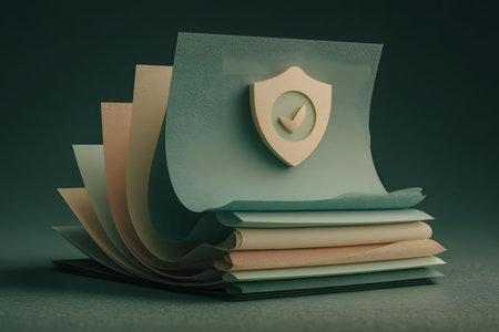 A stylized stack of documents topped with a shield icon, featuring a checkmark, symbolizing data protection and security. the layered paper effect and soft tones create a modern and professional visual. Generative AIの素材