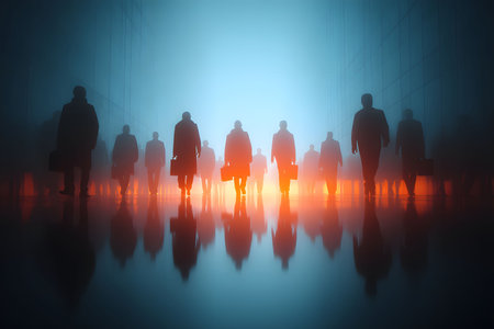 Silhouetted figures holding briefcases walk through a fog-lit corridor with a dramatic orange glow. reflections on the glossy floor enhance the mysterious and futuristic atmosphere, evoking themes of business and intrigue. Generative AIの素材