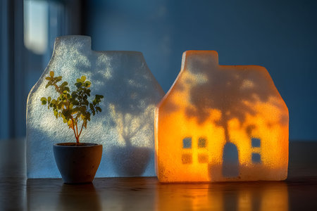 Warm sunlight casts intricate shadows through translucent house-shaped ornaments, a small potted plant. the peaceful ambiance adds a touch of elegance, ideal for interior design and cozy home decor inspirations. Generative AIの素材
