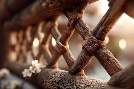 A rustic wooden fence features intricate braided details, bathed in warm sunlight. delicate white flowers peek through the gaps, enhancing the serene, natural ambiance of the scene. Generative AIの素材