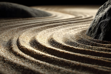A tranquil zen garden scene, featuring precise raked sand patterns winding around a smooth stone. the harmonious arrangement encourages mindfulness, promoting relaxation and meditative focus in a natural setting. Generative AIの素材