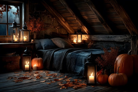 Warm, inviting attic bedroom featuring a rustic design with glowing candles, pumpkins, and fall-themed elements. a large bed draped in a cozy blanket complements the autumnal ambiance, enhanced by soft lighting and seasonal decorations. Generative AIの素材