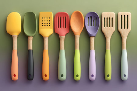 A diverse set of colorful silicone kitchen utensils featuring wooden handles, showcasing a modern design. this array includes spatulas, spoons, and a ladle, perfect for adding a vibrant touch to any culinary setting. Generative AIの素材